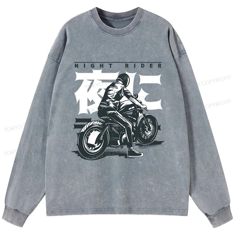 Tokyo-Tiger Motorcyclist Japanese Night Rider Washed Long Sleeve T-Shirt