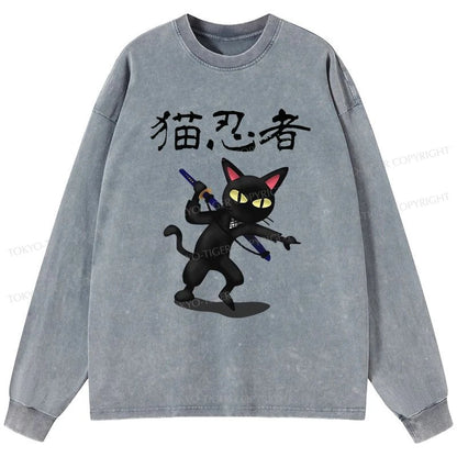 Tokyo-Tiger Ninja Cat Washed Long Sleeve T-Shirt