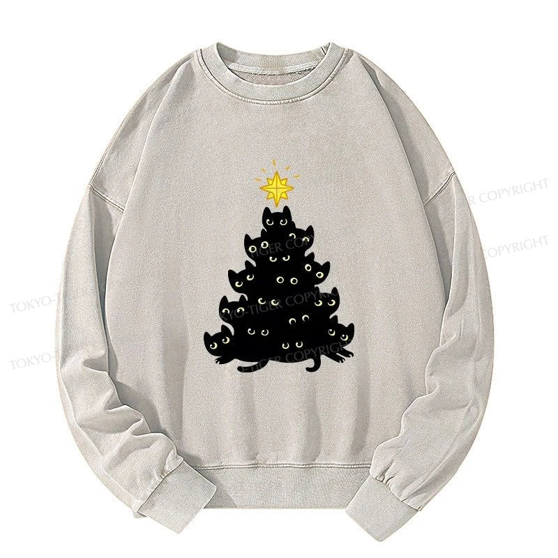 Tokyo-Tiger Black Cat Christmas Tree Washed Sweatshirt