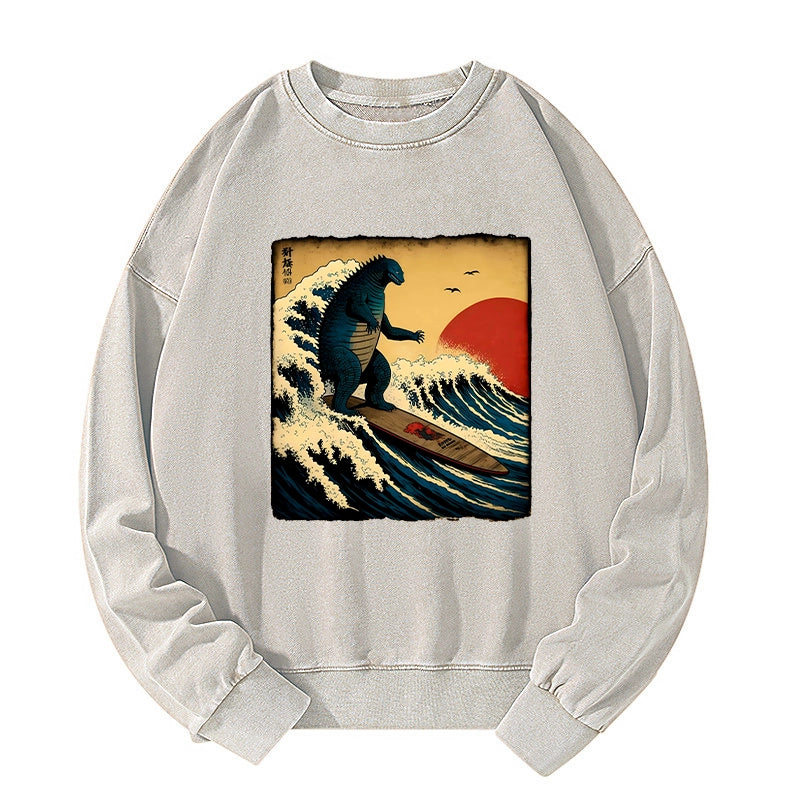 Tokyo-Tiger The Great Wave Godzilla Washed Sweatshirt