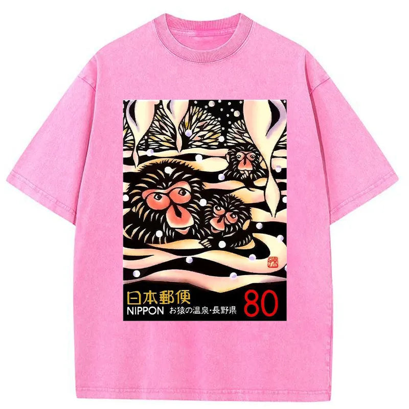 Tokyo-Tiger Monkeys Postage Stamp Japanese Washed T-Shirt
