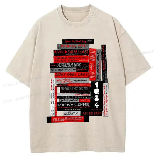 Tokyo-Tiger Murakami Book Stack Fanatic Washed T-Shirt