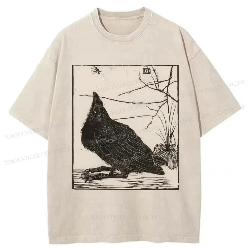 Tokyo-Tiger Crow Print Japanese Washed T-Shirt