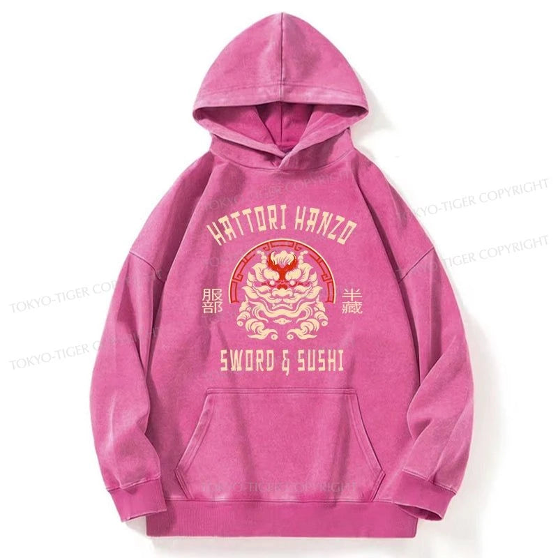 Tokyo-Tiger Hattori Hanzo Sword And Sushi Japanese Washed Hoodie