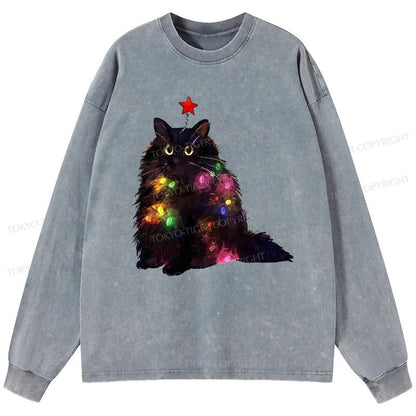 Tokyo-Tiger Christmas Lights Cat Washed Long Sleeve T-Shirt