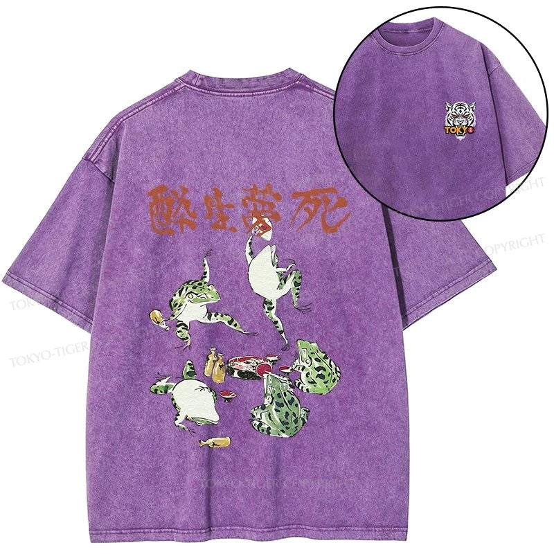 Tokyo-Tiger Japanese Frog Osake Kanji Front Back Washed T-Shirt