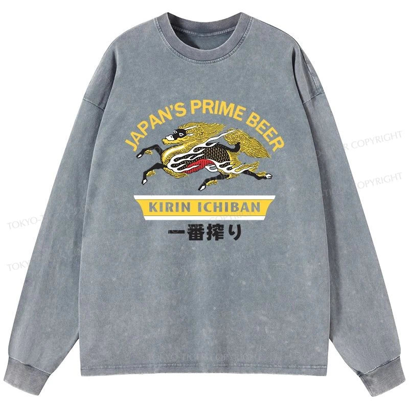 Tokyo-Tiger Kirin Ichiban Beer Logo Japanese Washed Long Sleeve T-Shirt