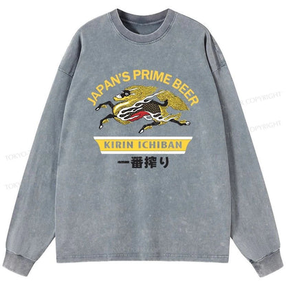 Tokyo-Tiger Kirin Ichiban Beer Logo Japanese Washed Long Sleeve T-Shirt