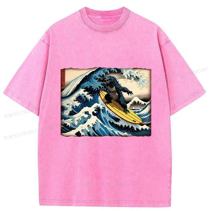 Tokyo-Tiger Dinosaur Surfing Japanese Washed T-Shirt