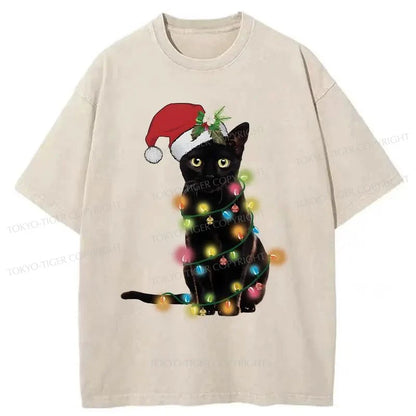 Tokyo-Tiger Cute Black Cat Christmas Washed T-Shirt