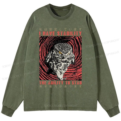 Tokyo-Tiger I Have Stability Owl Washed Long Sleeve T-Shirt