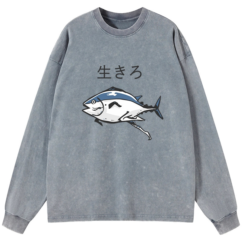 Tokyo-Tiger Running Fish Washed Long Sleeve T-Shirt