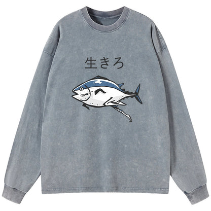 Tokyo-Tiger Running Fish Washed Long Sleeve T-Shirt