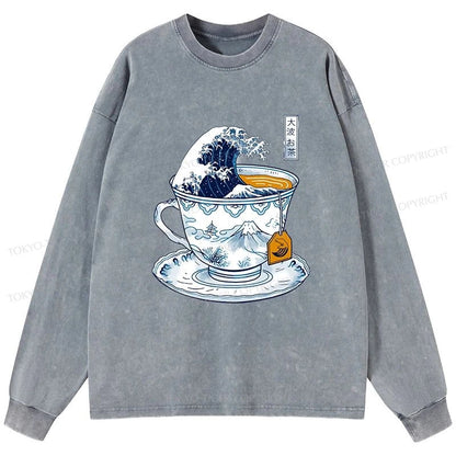 Tokyo-Tiger The Great Kanagawa Tea Wave Washed Long Sleeve T-Shirt