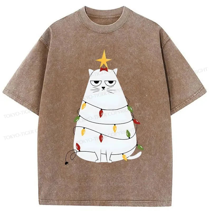 Tokyo-Tiger Chubby Cat Celebrates Christmas Washed T-Shirt