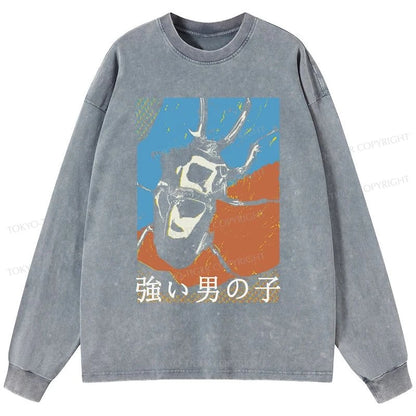 Tokyo-Tiger Strong Beetle Japanese Washed Long Sleeve T-Shirt