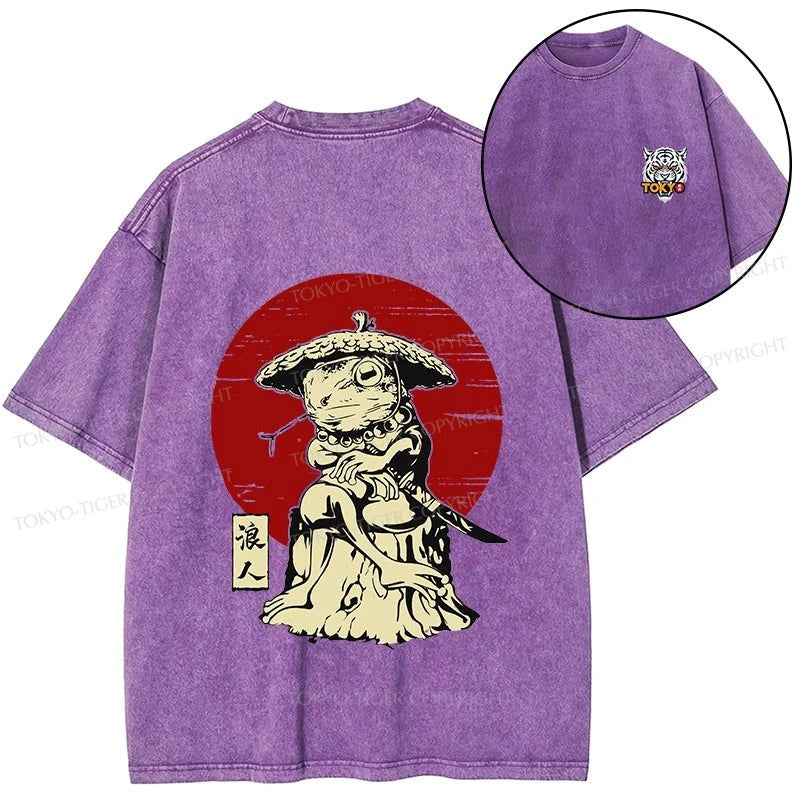 Tokyo-Tiger Rounin Japanese Frog Samurai Front Back Washed T-Shirt