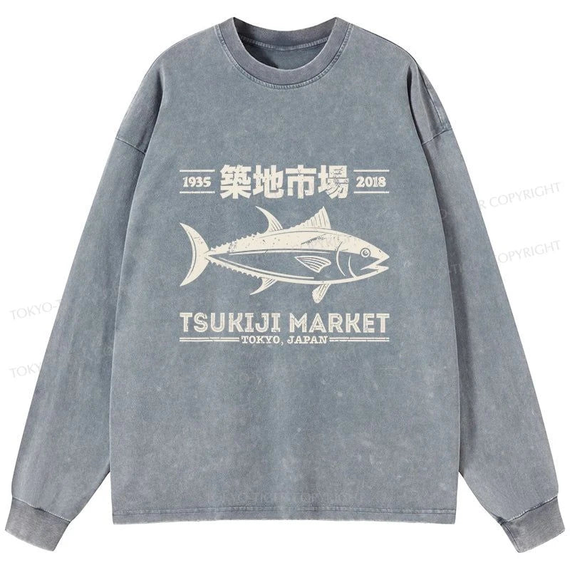 Tokyo-Tiger Retro Tsukiji Fish Market Streetwear Tokyo Washed Long Sleeve T-Shirt