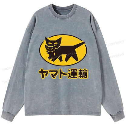 Tokyo-Tiger Black Cat Transport Pattern Japan Washed Long Sleeve T-Shirt