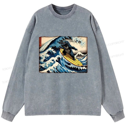 Tokyo-Tiger Dinosaur Surfing Japanese Washed Long Sleeve T-Shirt