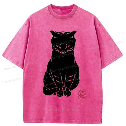 Tokyo-Tiger Black Cat Print Japanese Washed T-Shirt