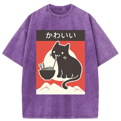 Tokyo-Tiger Kawaii Vintage Ramen Cat Washed T-Shirt