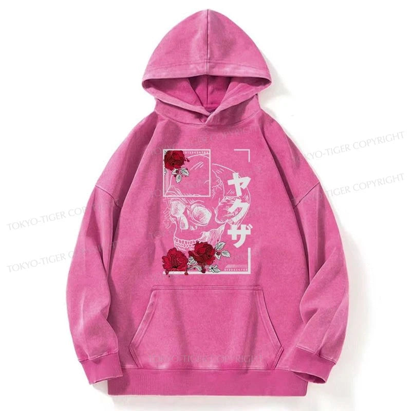 Tokyo-Tiger Skull Roses Japanese Aesthetic Washed Hoodie