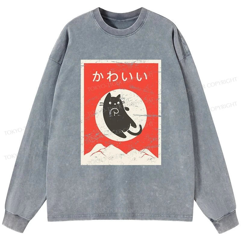 Tokyo-Tiger Cute Black Cat Japanese Washed Long Sleeve T-Shirt