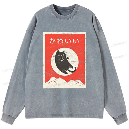 Tokyo-Tiger Cute Black Cat Japanese Washed Long Sleeve T-Shirt