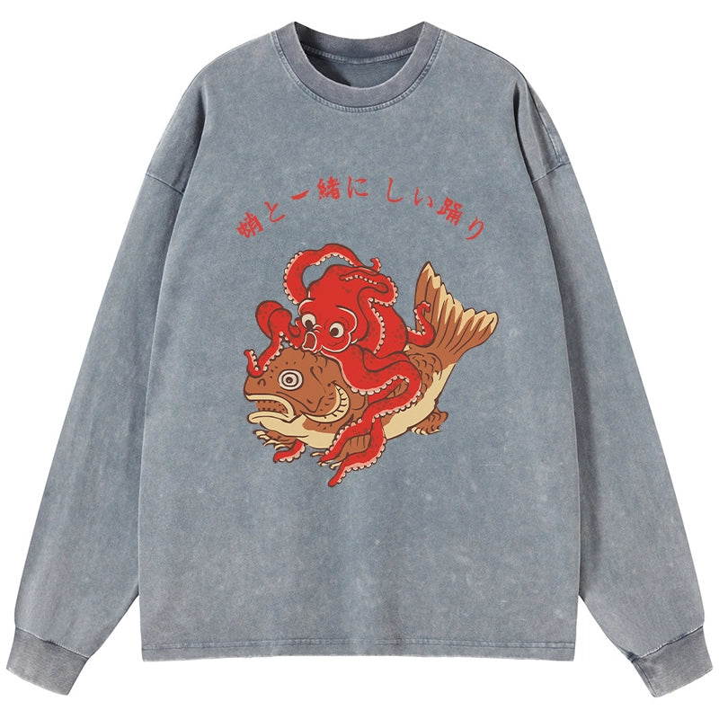 Tokyo-Tiger Octopus And Koi Dance Together Washed Long Sleeve T-Shirt