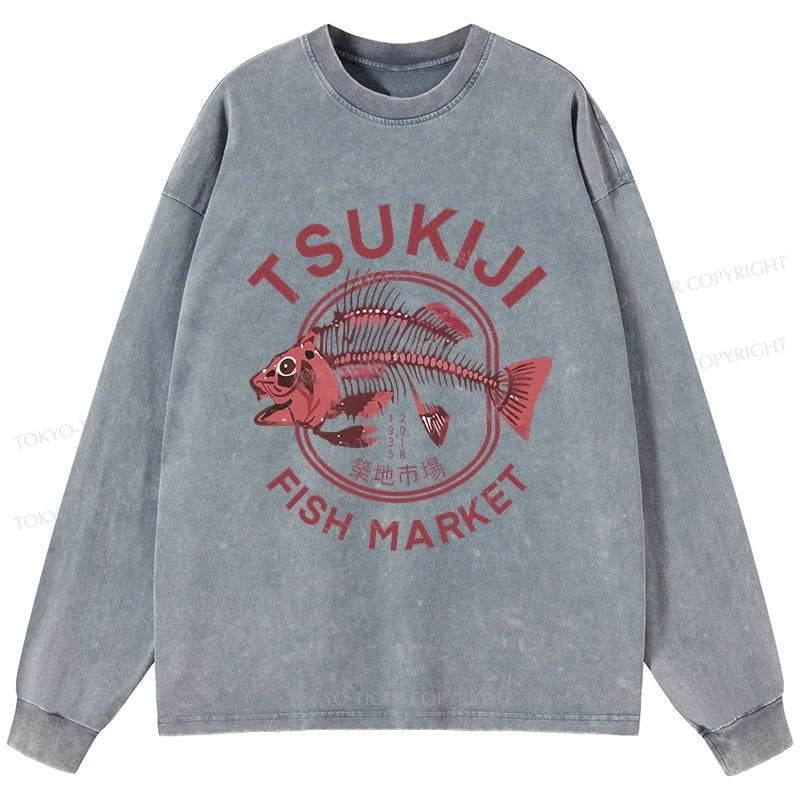 Tokyo-Tiger Tokyo Tsukiji Fish Market Vintage Japan Washed Long Sleeve T-Shirt