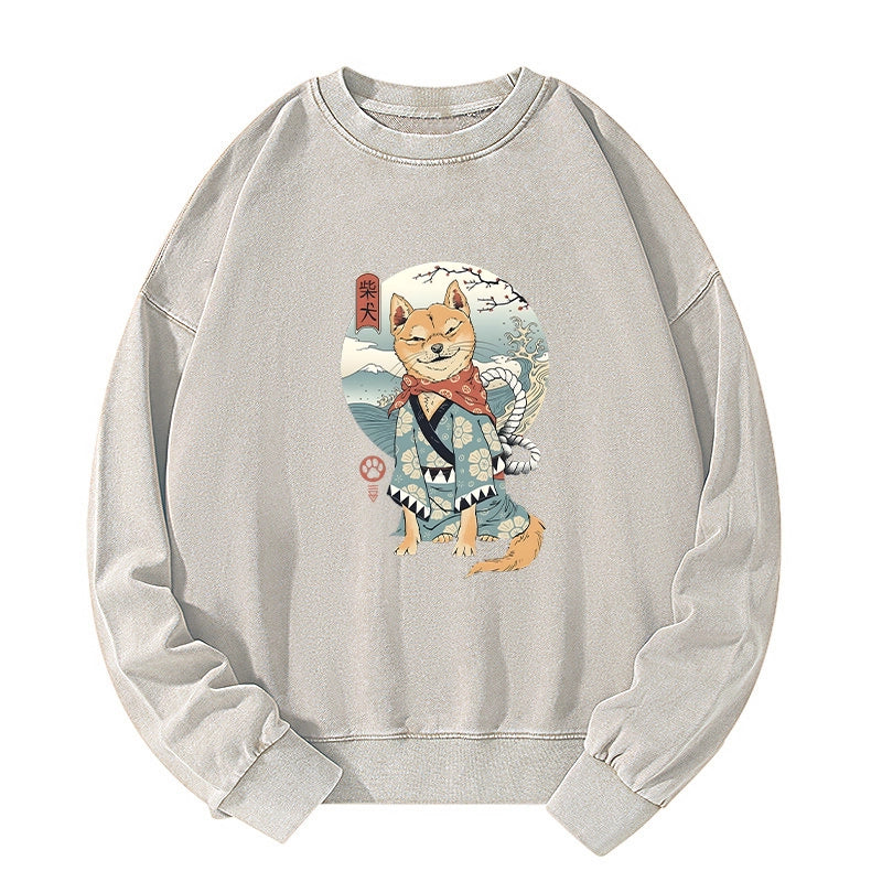 Tokyo-Tiger Samurai Shiba Dog Japanese Washed Sweatshirt