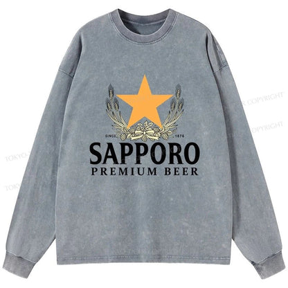 Tokyo-Tiger Sapporo Beer Logo Japanese Washed Long Sleeve T-Shirt