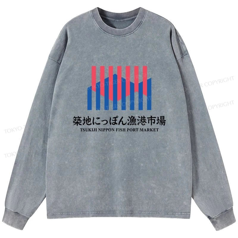 Tokyo-Tiger Tsukiji Nippon Fish Port Market Washed Long Sleeve T-Shirt