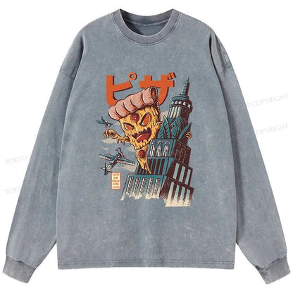 Tokyo-Tiger Great Pizza Kaiju Japanese Washed Long Sleeve T-Shirt