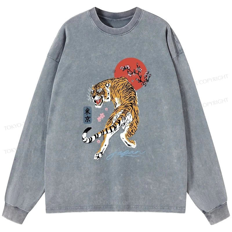 Tokyo-Tiger Tiger Blossom Japanese Sakura Washed Long Sleeve T-Shirt