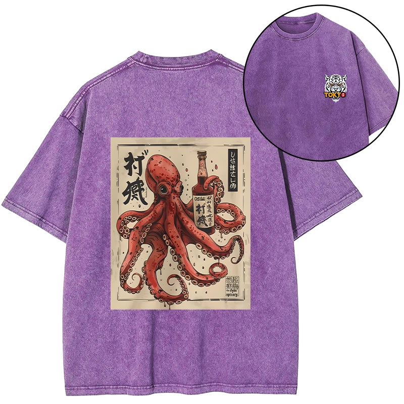 Tokyo-Tiger Osaka Saké Octopus Front Back Washed T-Shirt