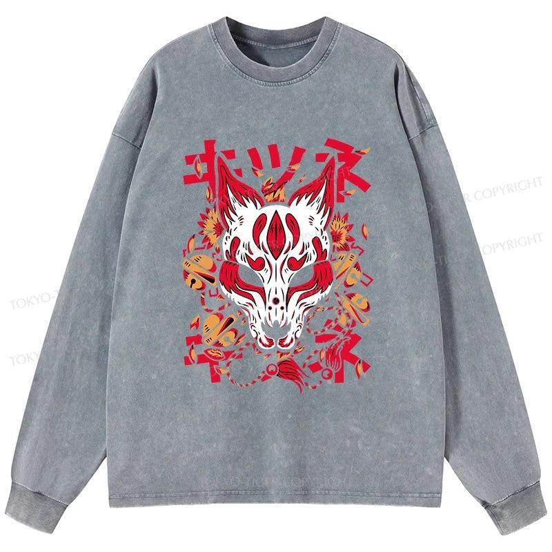 Tokyo-Tiger Japanese Kitsune Mask Washed Long Sleeve T-Shirt