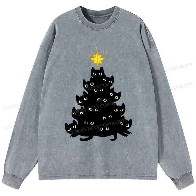 Tokyo-Tiger Black Cat Christmas Tree Washed Long Sleeve T-Shirt