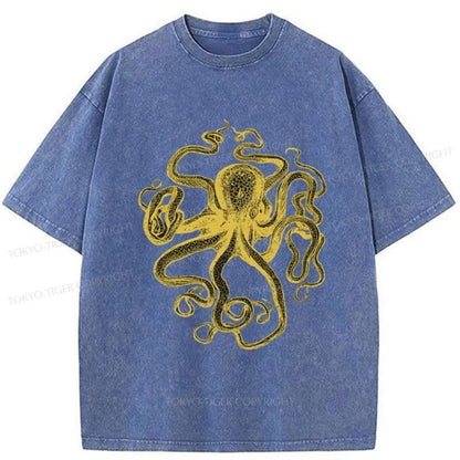 Tokyo-Tiger Golden Octopus Drawing Washed T-Shirt