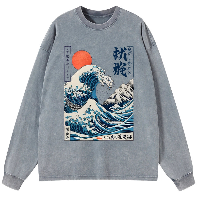 Tokyo-Tiger Ukiyo-e Ocean Waves Japan Washed Long Sleeve T-Shirt