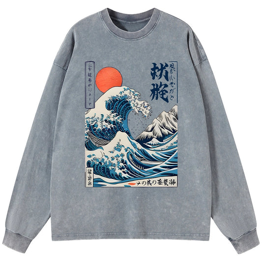 Tokyo-Tiger Ukiyo-e Ocean Waves Japan Washed Long Sleeve T-Shirt