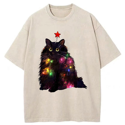 Tokyo-Tiger Christmas Lights Cat Washed T-Shirt