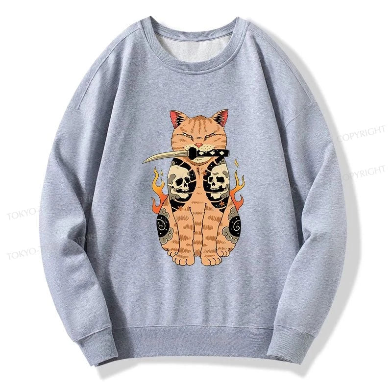 Tokyo-Tiger Catana Cat Skull Tattooed Samurai Sweatshirt