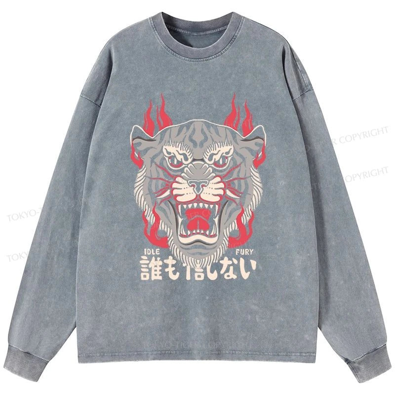 Tokyo-Tiger Retro Tiger Japanese Washed Long Sleeve T-Shirt