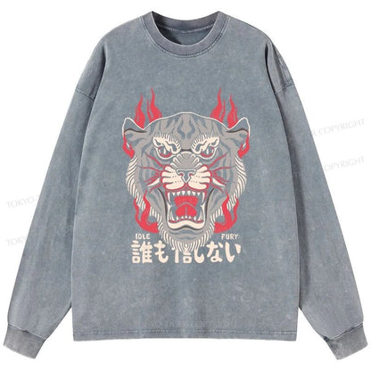 Tokyo-Tiger Retro Tiger Japanese Washed Long Sleeve T-Shirt