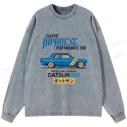 Tokyo-Tiger Datsun 510 - Classic Japanese Car Washed Long Sleeve T-Shirt