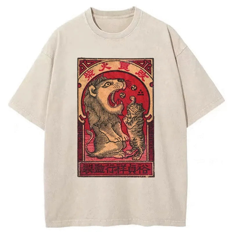 Tokyo-Tiger Cat and Lion Playing Together Japanese Washed T-Shirt