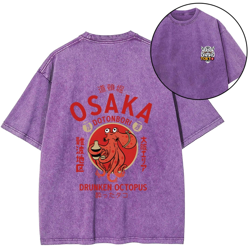 Tokyo-Tiger Drunken Octopus Japan Front Back Washed T-Shirt