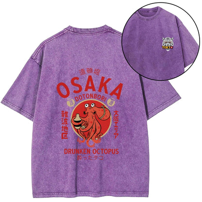 Tokyo-Tiger Drunken Octopus Japan Front Back Washed T-Shirt